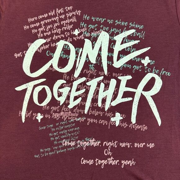 NWT Beatles Juniors/Teens Maroon Graphic Tee Shirt Come Together Song Lyrics - M - Picture 5 of 6
